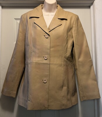 New Dialogue QVC Lt Brown Tan Washable Leather Blazer Jacket Women s Size M