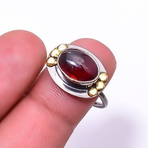 Authentic Red Garnet- Mozambique Black And Gold Plated 925 Sterling Silver Ring S.7.5 R49