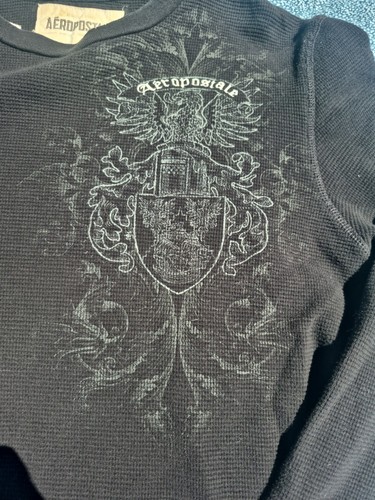 Aeropostale Thermal Waffle Knit Graphic Black Crest LS Shirt Large  Y2K Grunge - Picture 2 of 13