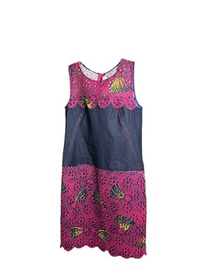 African Print And Denim Detailed dress. Size M Cut Out Design