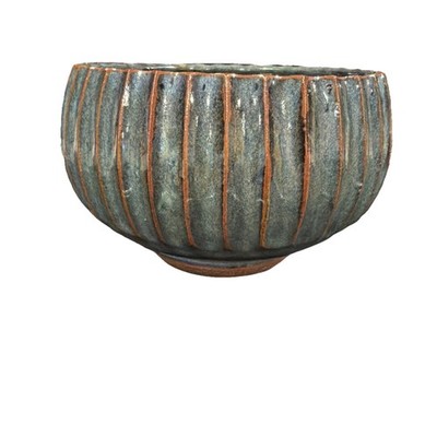 MCM Hand-thrown Glazed Ceramic Ribbed Bowl Trimmed Foot Makers Mark PS