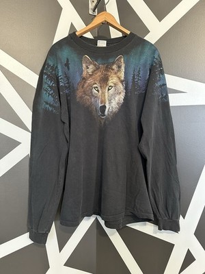 VTG 90 s Wolf Northern Lights Wrap Around Graphic L/S T-Shirt Sz-XL Nature