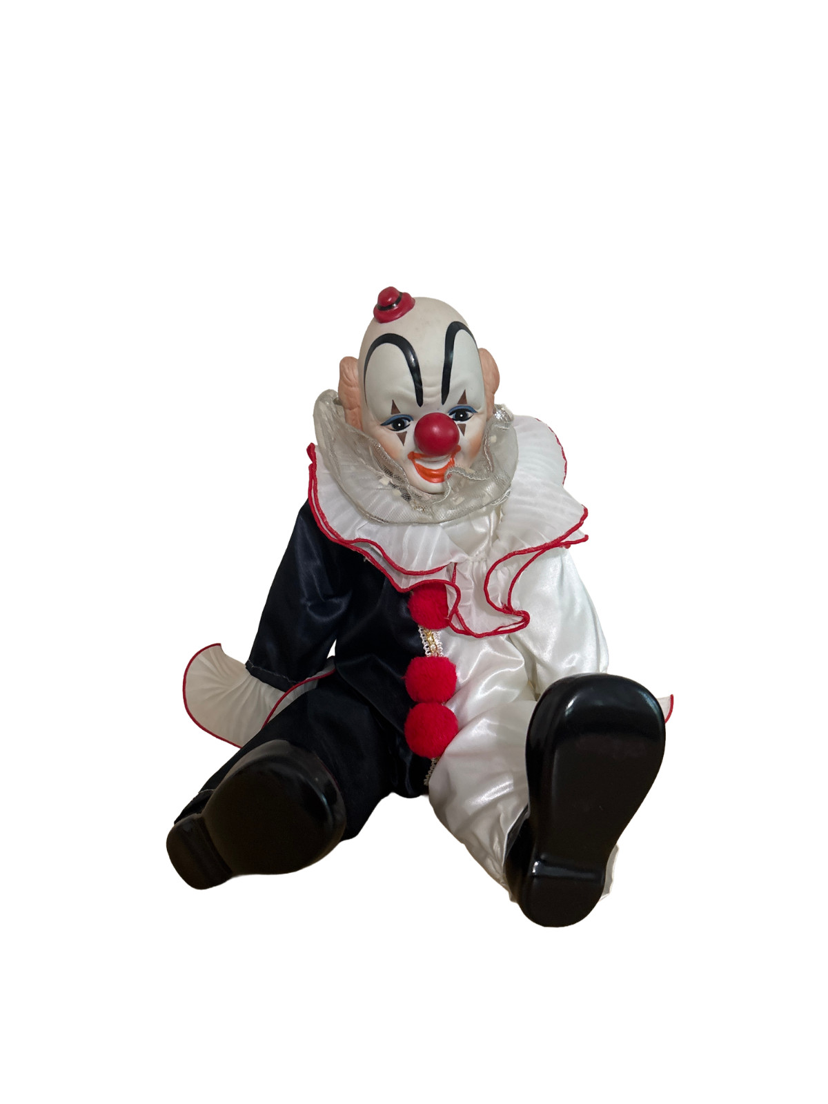 Vintage 1983 Black & White Dynasty Doll Sitting Clown Porcelain 16