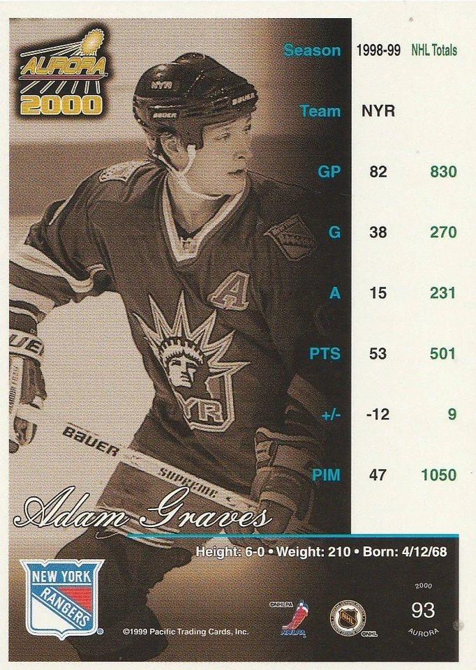 1999-00 Aurora #93 Adam Graves - Image 2 of 3