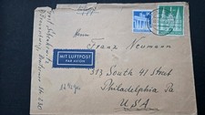 List paragonowy 1949 z pocztą lotniczą z Brunszwiku do Filadelfii USA wysłany