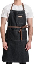 Denim Work Apron with 3 Pockets Jean Aprons for Chef Hairstylist Kitchen Wood...