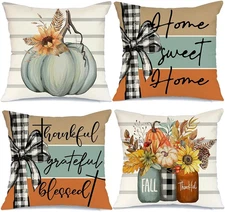 Fall Pillow Covers 20 X 20 Inch Set of 4, Pumpkin Home Sweet Home Thankful Grate