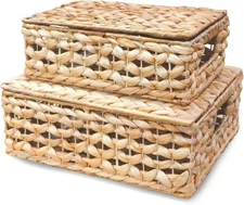 2-Pack Water Hyacinth Storage Baskets with Lids – Natural Wicker Organizer Box