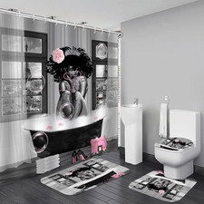 4Pcs African American Shower Curtain Sets with Rugs, Black Girl Shower Curtain f
