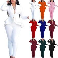 Women Ruffle Suit Blazer Jacket Pants Set Work Office Formal Business Uniforms