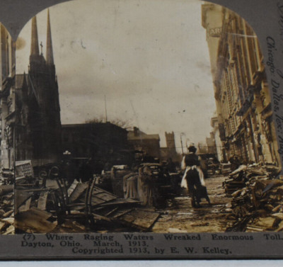 Vintage E W Kelley Stereoview Card 1913 Dayton OH Flood Downtown Area