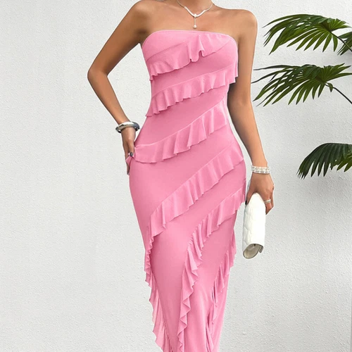 Women Bodycon Party Mesh Ruffle Tube Slit Dress Strapless Tiered Cocktail Dress - Bild 19 von 28