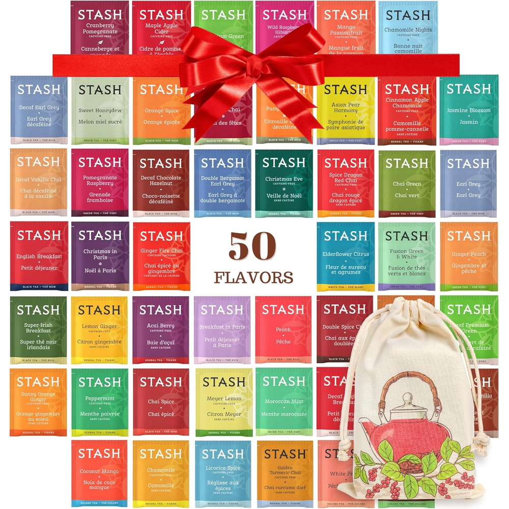 Stash Tea Sampler - Herbal and Caffeinated - Assorted Variety Pack Gift Set - 50