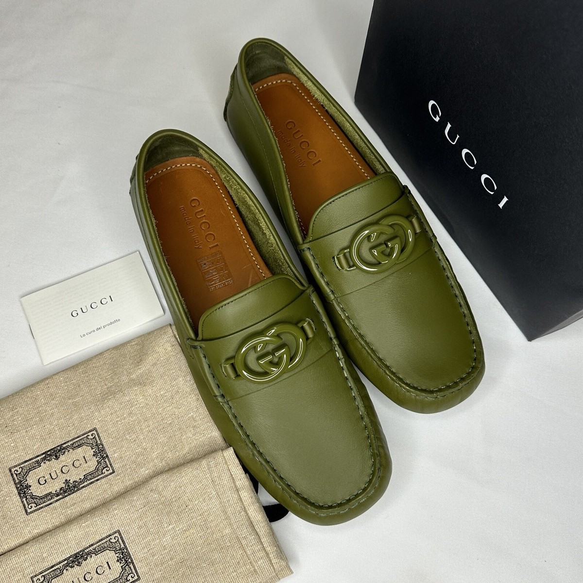 GUCCI SHOES MENS LOAFERS MOCCASINS G LOGO GREEN LEATHER sz 9G 9.5 GUCCI MENS LOAFERS MOCCASINS G LOGO GREEN LEATHER $935 Size  main image 2