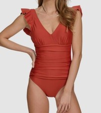 DKNY Women's Brown Ruffle-Trim One-Piece Swimsuit Size L