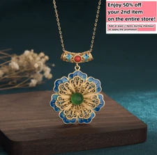 Jade Crystal Pendant Necklace Charm 18K Gold Plated Flower Retro Dainty Gemstone