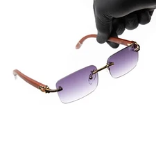 High Quality Mens Purple Tint Rimless Gold Frame Vintage Hip Hop Sunglasses