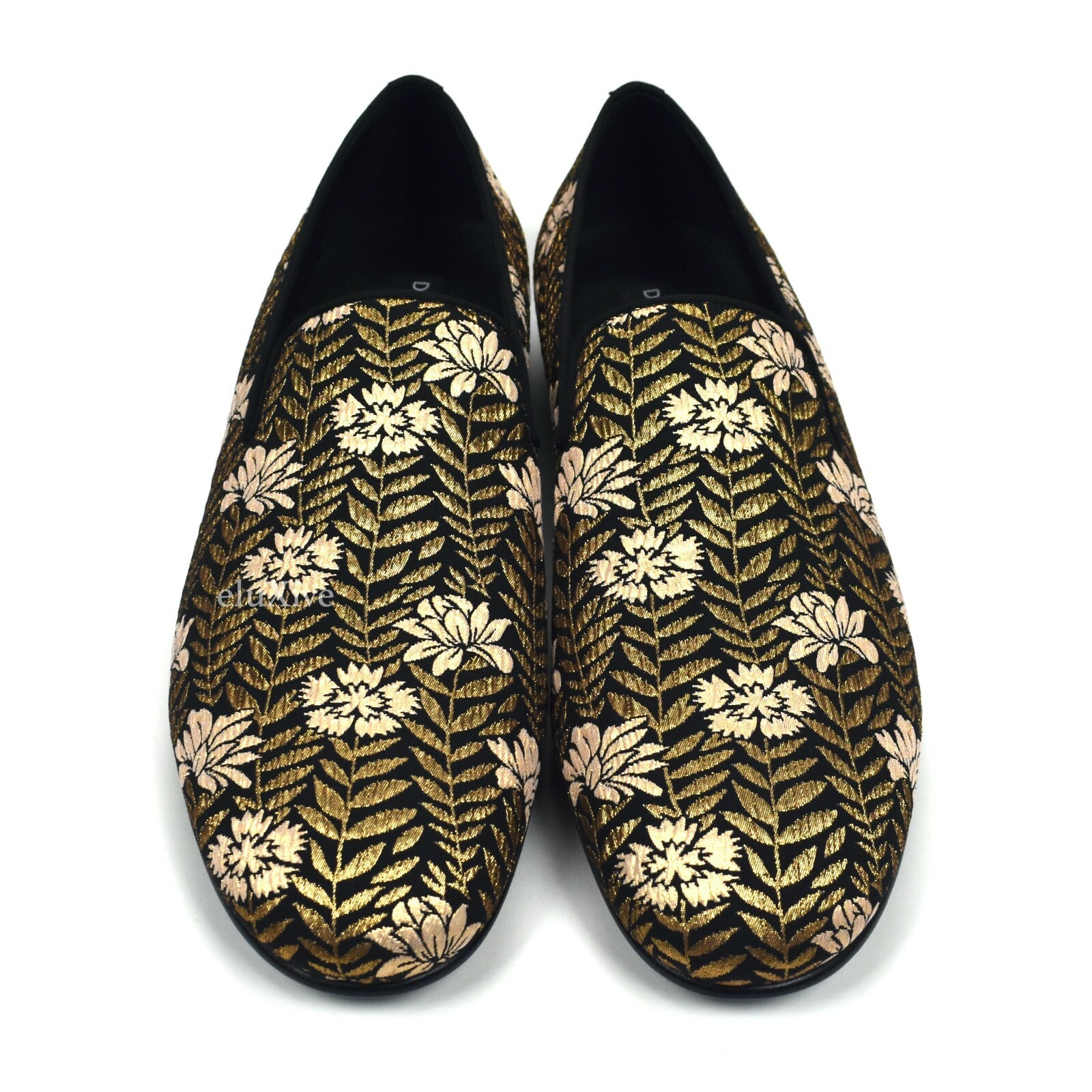 PANTOFOLA D’ORO Mocassini Pantofole Dolce & Gabbana Oro Nero Tessuti Floreali Nuovi con Etichette 9 5 AUTENTICI