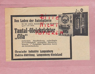 LANGENBERG, Werbung 1930, Chemische Industrie Tantal-Gleichrichter Cila Kfz