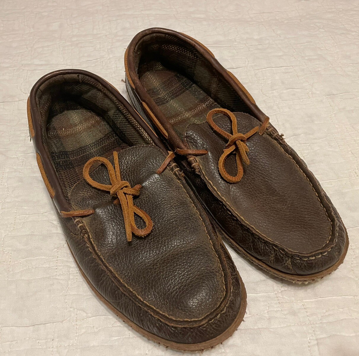 LL Bean Handsewn Mens Size12M Moccasins Slippers Brown Leather Flannel