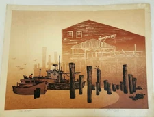 THE CANNERY ART PRINT SIGNED 23" X 17.5" VINTAGE  ROGER BERGHOFF boat harbor