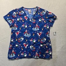 White Cross Scrub Top Shirt Blue Snowman Holiday Short Sleeve Adult Womens Large