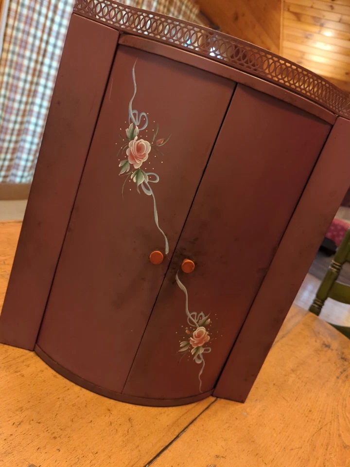 Винтажная красная бордовая металлическая посуда для хранения туалетного столика цветочная краска 3 полки двери DBL - Изображение 2 из 4