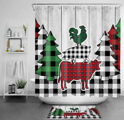 Retro Farm Animal Red Plaid Christmas Tree Shower Curtain Set for