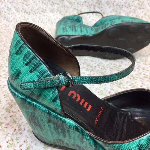 Miu Miu Green Jungle Snake Print Leather Chunky Platform Heels Womens 37.5 / 7.5 - Picture 9 of 12
