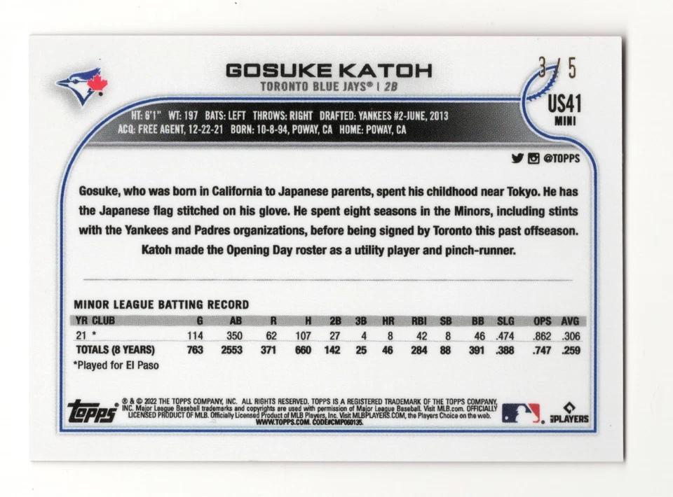MINI 2022 Topps Chrome Mini Gosuke Katoh RC Rookie Red /5 - Image 2 of 2