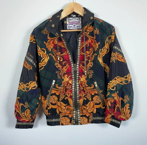 Otello Pelle Windbreaker Jacket Women's Small Black Tartan AOP Chains Oversized