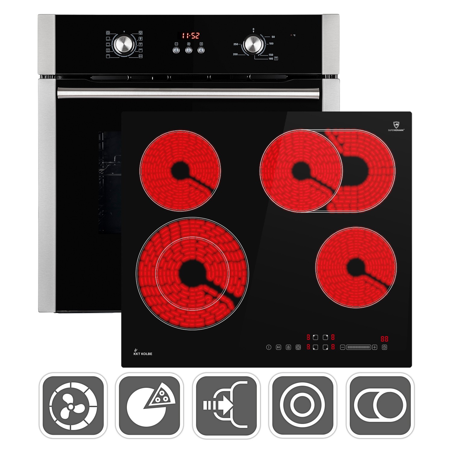 Herdset autark 60cm Einbaubackofen + 59cm Kochfeld Grill Heißluft Timer Knebel