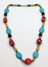 Multi Color Stone Faux Turquoise Coral Lava Rock Beaded Sterling Clasp Necklace