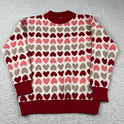 She + Sky Red Pink Heart Intarsia Knit Crewneck Sweater Womens M/L