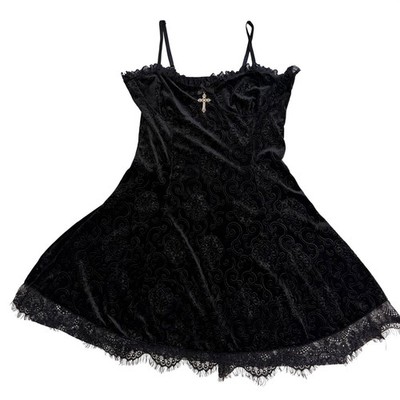 Gothic Black Burnout Velvet Lace Trim Mini Dress Whimsigoth Cross Charm XL
