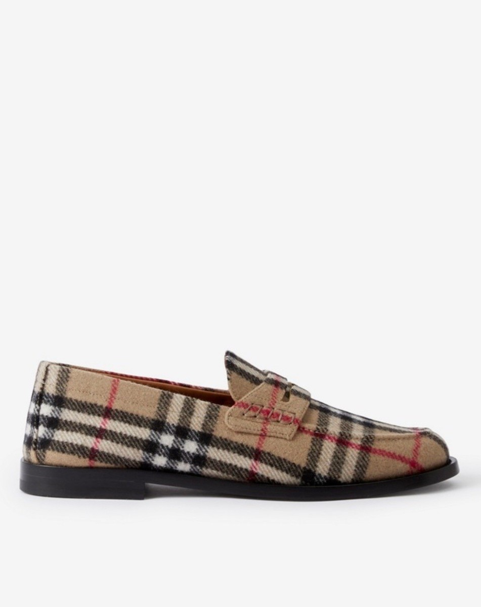 Authentic NEW BURBERRY Women Beige HACKNEY Wool Felt Check Loafers