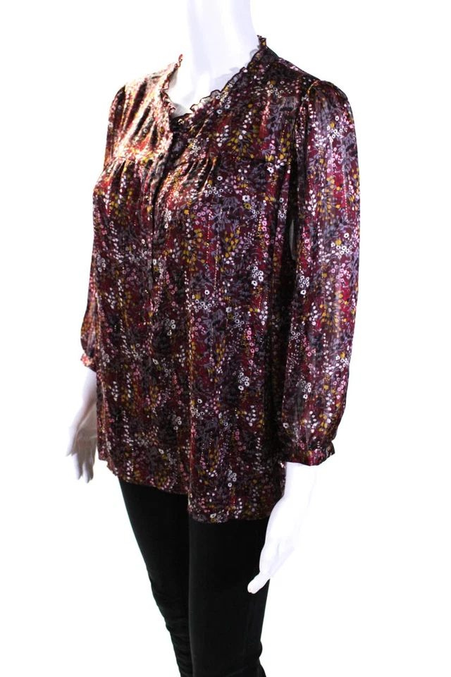 Blusa Top Diane Von Furstenberg Mujer Roja Floral Cuello en V Manga Larga Talla 42 Foto 2 de 4