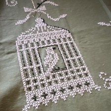 Green Cotton Tablecloth hand Embroidered Birds Birdcage Fringe 53x39 Rectangular