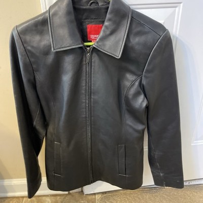 Esprit Womens Black Leather Long Sleeve Collared Full-Zip Jacket Size Small