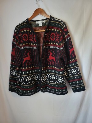 Vintage Crystal Kobe Women's Christmas Reindeer Cardigan Sweater Size M Acrylic