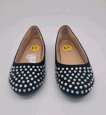 Girls Ballet Flats Slip On Shoes Black Rhinestone Studded Embellished NEW Sz 13