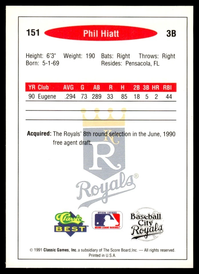 1991 Classic Best Phil Hiatt Baseball City Royals #151 - Image 2 of 2