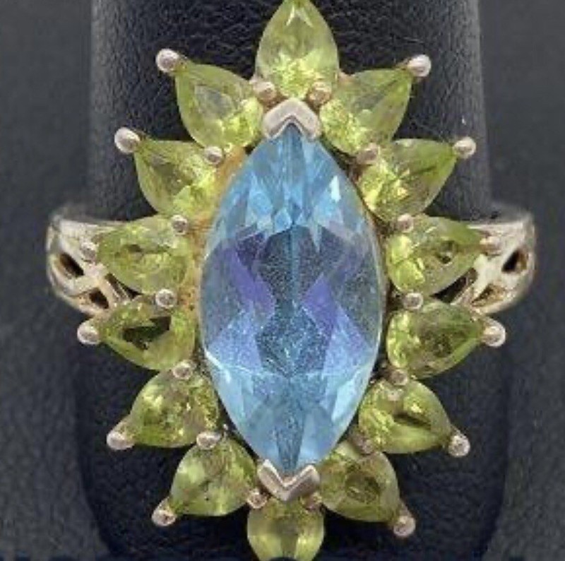 STUNNING 925 Sterling Silver Blue Topaz And Peridot Ring  !Seahawks Colors!