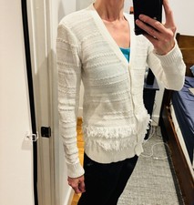 Cardigan Lauren Ralph Lauren Fringe Hem V-Neck Button Front Knit Ivory White Siz