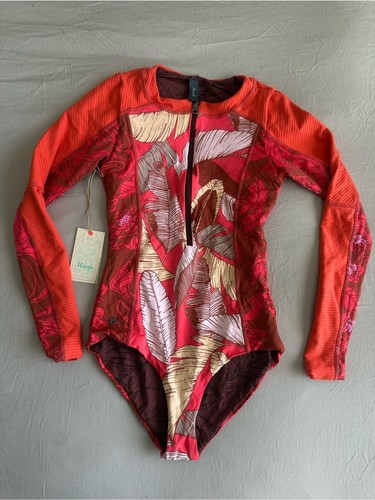 Maaji Woman's Red & Coral Long-Sleeve One-Piece with Tropical Leaf Print