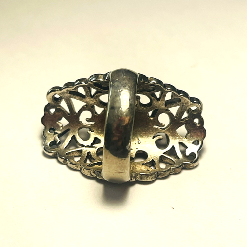 Costume Statement Ring Vintage Silver Tone Scroll Openwork Blue Cabochon Size 7 - Picture 6 of 11