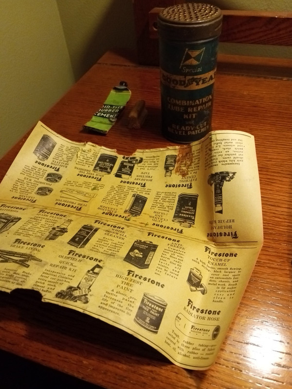 GOODYEAR WINGFOOT VINTAGE COLD PATCH TIN & FIRESTONE ADVERTISING 1934 AD SHEET