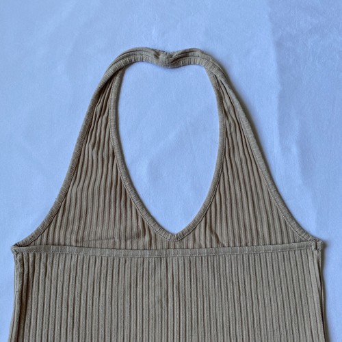 Me to We Top L Tan Ribbed Halter Crop Stretch Basic Essential Everyday Nude Sexy - Picture 14 of 21