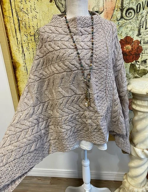 Kilronan Merino Wool V-Neck Poncho Wicker Natural M/L Ireland New