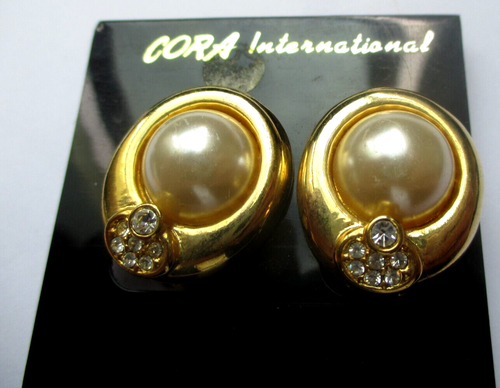 Boucles D'oreilles Clips - Perles Blanches Et Cristaux - Style Vintage - Couleur Or - Modèle 5433